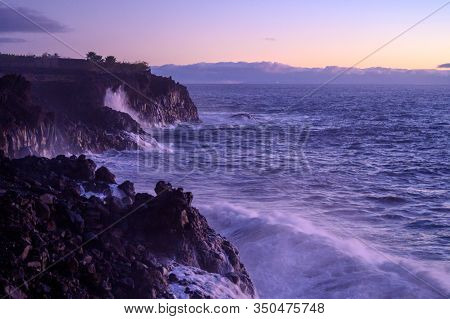 Dangerious Ocean Stormy Waves Hits Black Lava Rocks On La Palma Island, Canary, Spain