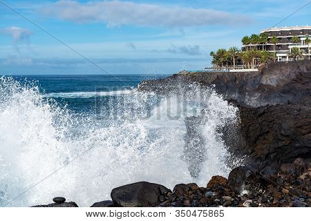 Dangerious Ocean Stormy Waves Hits Black Lava Rocks On La Palma Island, Canary, Spain
