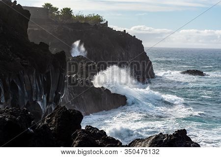 Dangerious Ocean Stormy Waves Hits Black Lava Rocks On La Palma Island, Canary, Spain, Bad Winter We