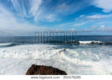 Dangerious Ocean Stormy Waves Hits Black Lava Rocks By Faro De Las Hoyas, La Palma Island, Canary, S