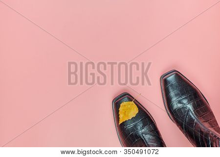 Autumn Waterproof Woman Shoes With Rain Drops, Copy Space. Shoe Care Concept. Rainproof Boots With A