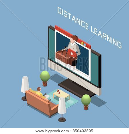 Distance Learning Isometric Design Concept  With Man Sitting On Couch And Lector On Computer Screen 