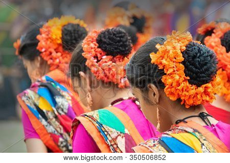 Kolkata, India - 1st March, 2018 : Girl Dancers Dressed In Sari, Traditional Indian Dress With Palas