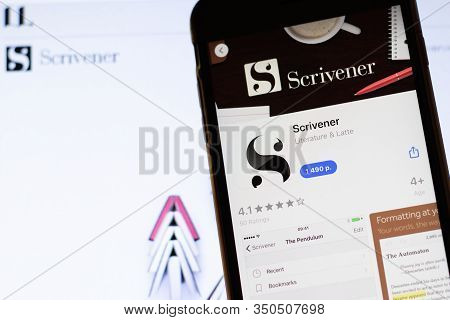 Los Angeles, California, Usa - 12 February 2020: Mobile Phone With Scrivener Icon On Screen Close Up