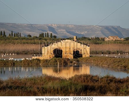 A Ruined Building Reflecting Into The Water With Birds On Top Of It