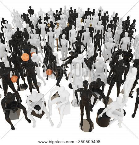 A Large Group Of Female And Male Mannequins In Regular And Sports Poses In A Top View. 3d Rendering