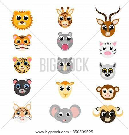 Funny Cute African Animal Heads. Cartoon Characters. Flat Vector Stock Illustration On White Backgro