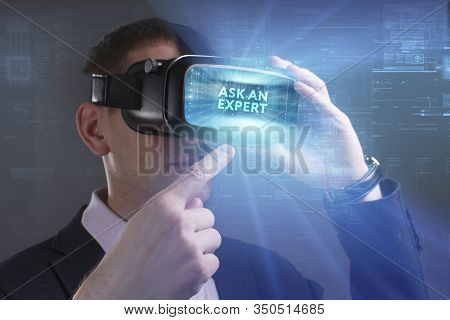 Business, Technology, Internet And Network Concept. Young Businessman Working In Virtual Reality Gla