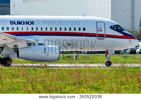 August 30, 2019. Zhukovsky, Russia. Russian Short-range Narrow-body Passenger Aircraft  Sukhoi Super
