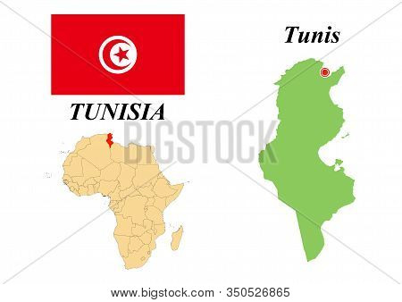 Republic Of Tunisia. Capital Of Tunisia. Flag Of Tunisia. Map Of The Continent Of Africa With Countr