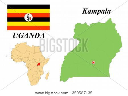 Republic Of Uganda. Capital Of Kampala. Flag Of Uganda. Map Of The Continent Of Africa With Country 