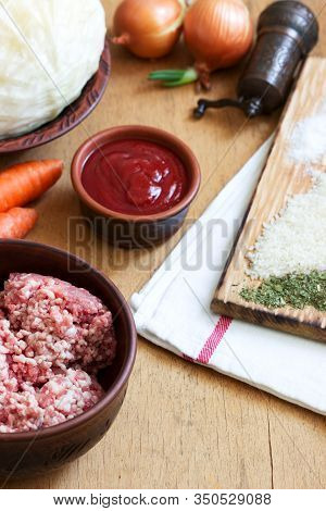 Ingredients For The Preparation Of A Traditional Moldavian Or Romanian Dish Of Stuffed Cabbage.