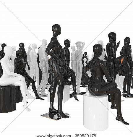 A Large Collection Of Mannequins In Different Poses Views From The Side. 3d Rendering