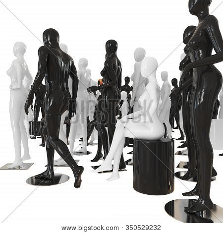 A Group Of Female And Male Mannequins In Different Poses In A Side View. 3d Rendering