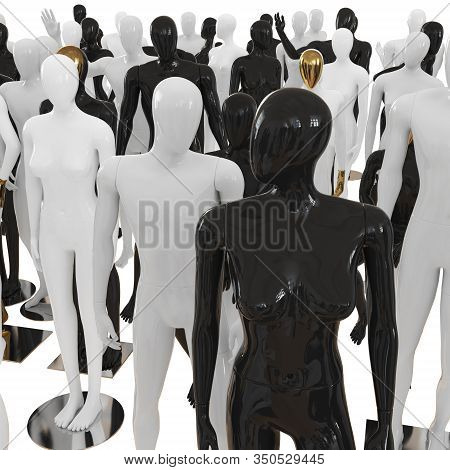 A Black Female Mannequin Stands In The Background With Different Plastic Figures. 3d Rendering