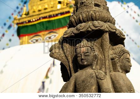 The Upper Part Of The Stupa In Buddhist Temple Swayambhunath In Kathmandu Against The Background Of 
