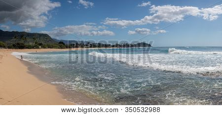 Panorama Of The Bay And Sand Of Makaha Beach Park On The Extreme West Coast Of Oahu In Hawaii