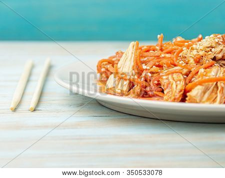 Spicy Chinese Or Korean Yuba Tofu Bamboo And Carrots Salad On White Wooden Background