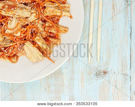 Spicy Chinese Or Korean Yuba Tofu Bamboo And Carrots Salad On Wooden Background