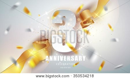 Anniversary Premium Emblem With Golden Confetti. Celebration 3th Anniversary Event Party Template.