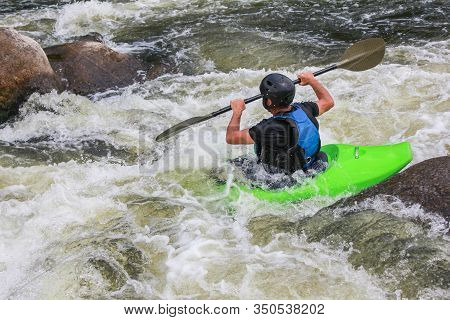River Kayaking As Extreme And Fun Sport. Life In Motion. Outdoor Sports.