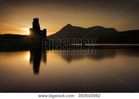 Ardvreck Castle Reflections On Loch Assynt In Sunset Light, Scotland