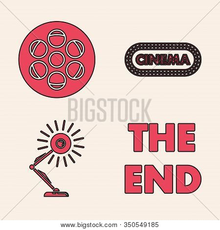 Set The End Handwritten Inscription , Film Reel , Cinema Poster Design Template And Table Lamp Icon.