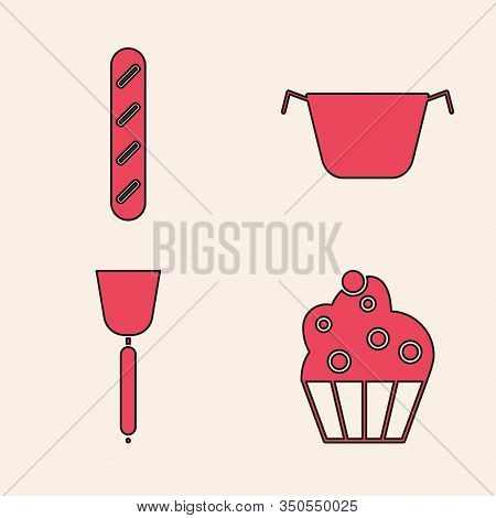 Set Cupcake , French Baguette Bread , Cooking Pot And Spatula Icon. Vector