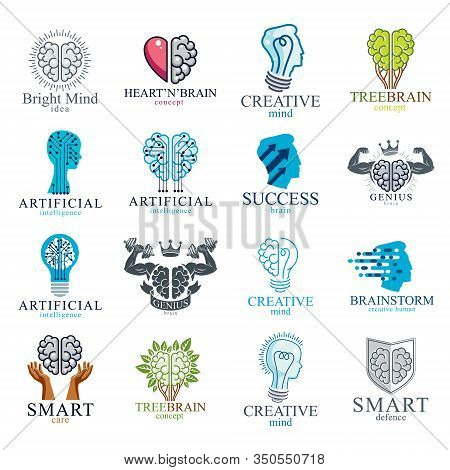 Brain And Intelligence Vector Icons Or Logos Concepts Set. Artificial Intelligence, Bright Mind, Bra