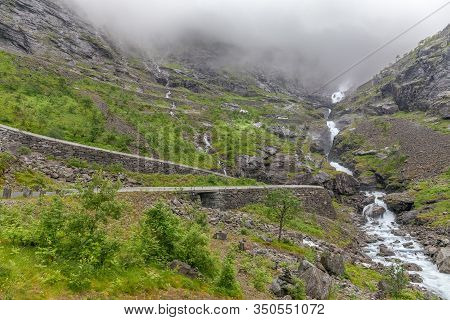 Turn Of The Mountain Road. The View From The Height Of The Trollstigen, Norway, Selective Focus.