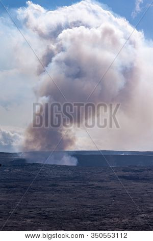 Kilauea Volcano, Hawaii, Usa. - January 9, 2012: Portrait Closeup On Kalemaumau Crater Producing Whi