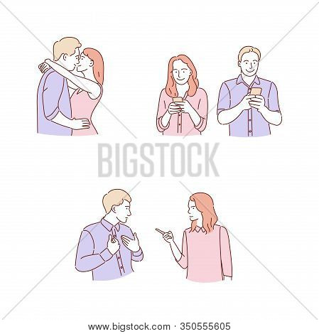 Man And Woman Relationships Hand Drawn Doodle Style Illustration.