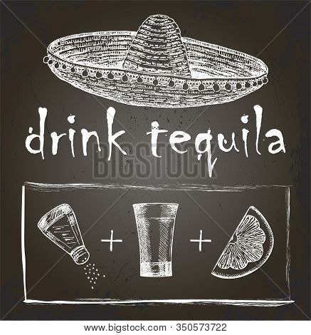 How To Drink Tequila. Glass Of Tequila With Lemon Slices And Salt On A Dark Background. Vintage Styl