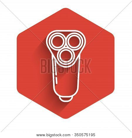 White Line Electric Razor Blade For Men Icon Isolated With Long Shadow. Electric Shaver. Red Hexagon