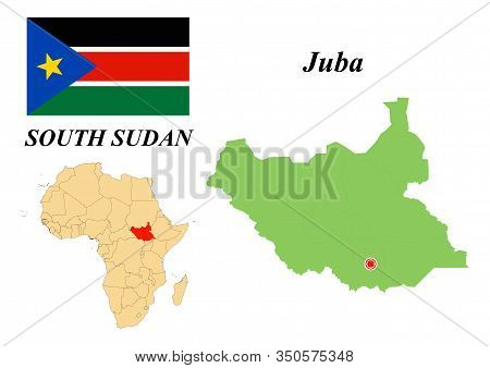 Republic Of South Sudan. Capital Of Juba. Flag Of The Republic Of South Sudan. Map Of The Continent 