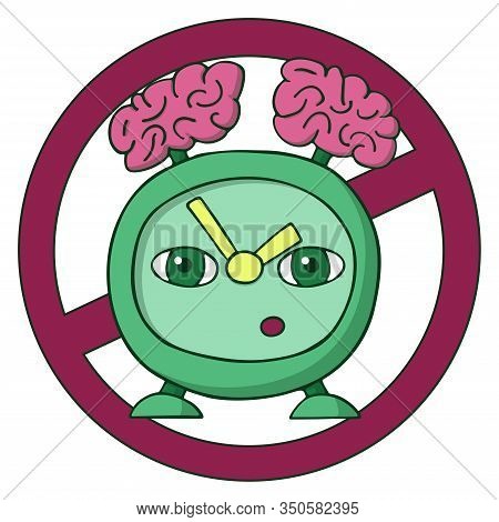 Ban Green Old Alarm Clock With Brains On The Head Instead Of A Bell. Smart Watch. White Background C