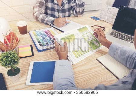 Collaboration Marketing Team Collaborate In Office Meeting. Group Of People Using Smartphone Working