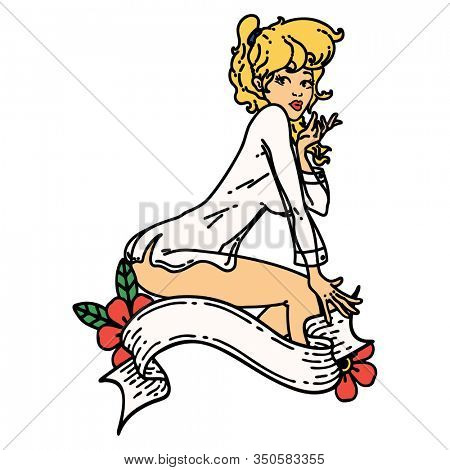 tattoo in traditional style of a pinup girl wearing a shirt with banner
