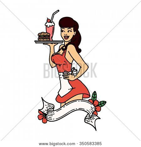 tattoo in traditional style of a pinup waitress girl with banner