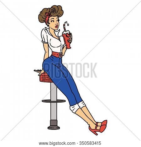 tattoo in traditional style of a pinup girl drinking a milkshake