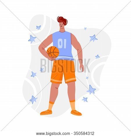 Basketball Player With Ball On Playground, Young Muscular Man In Uniform Playing Match, Guy Jumping 