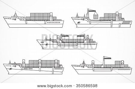 Vector Set Of Dry Cargo Ships, Container Ships. Black Contours. Please See Other Sets Of Ships.