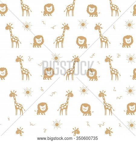 Vector Seamless Pattern With Orange Giraffe And Lion Silhouettes And Sun.