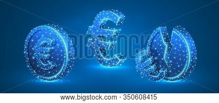 Set Of Euro Coins. Money Growth And Downtrend Concept. Blank And Broken Coins. Low Poly, Wireframe D