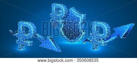 Set Of Russian Ruble Symbols, Security Shield, Growth And Downtrend Arrows. Money Tendency And Prote