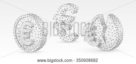 Set Of Euro Coins. Money Growth And Downtrend Concept. Blank And Broken Coins. Low Poly, Wireframe D