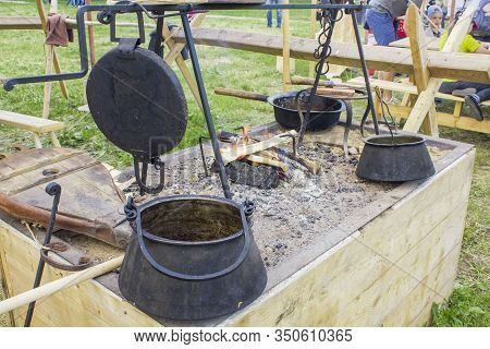 Moscow/ Russia - 16.06.2019: Festival Of Medieval Culture With People In The Forest On The Backgroun