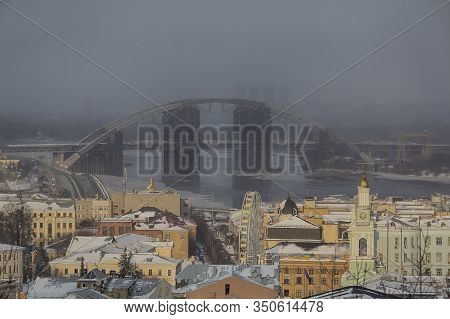 Unfinished Podilsko Voskresensky Bridge In Construction Over A River Taken.  Kiev, Ukraine