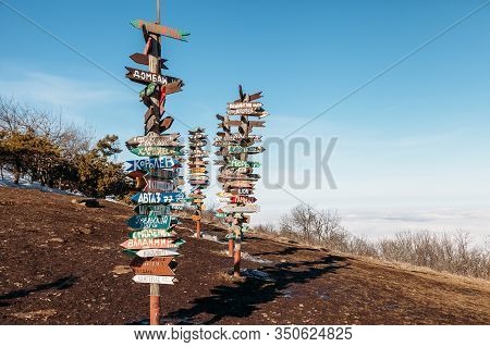 Pyatigorsk, Stavropol Territory / Russia -  January 21, 2019 : Signs Of Cities On Top Of Mount Mashu