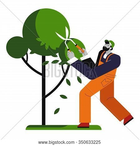 Man Cutting Tree, Gardener Trims Plant, Isolated Character